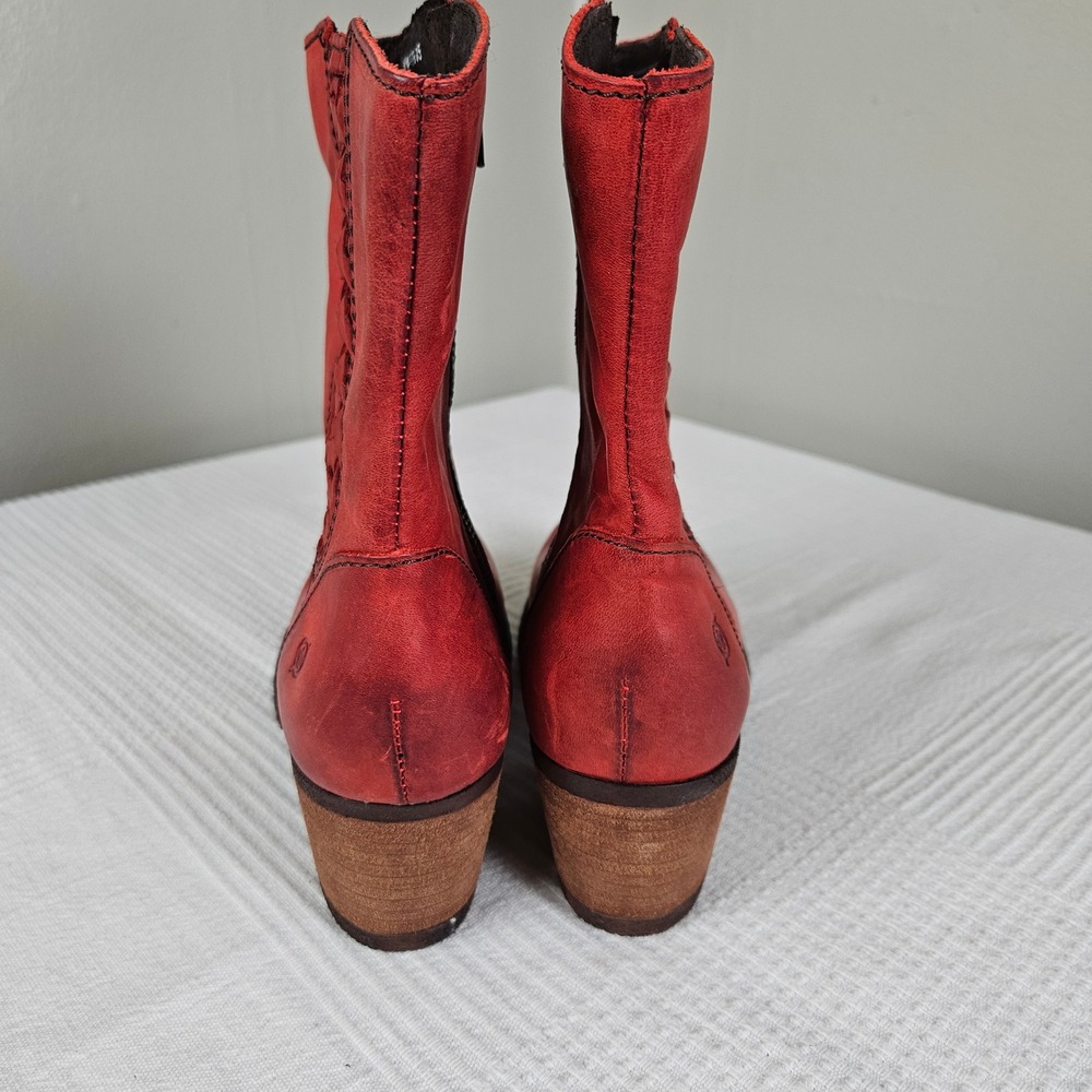 Born Orosi Red Leather Booties Boots Sz 7.5 Braided Side‎ Zip Heel - Picture 6 of 10